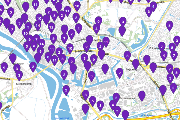 Screenshot van de kaartweergave van organisaties op de sociale kaart van Deventer